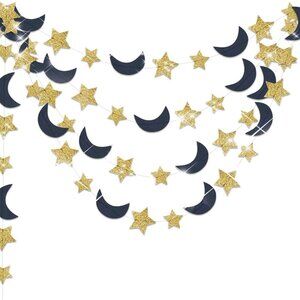 Outer Space Birthday Party Decorations Navy Gold 2pcs Moon and Star Garlands 1st
